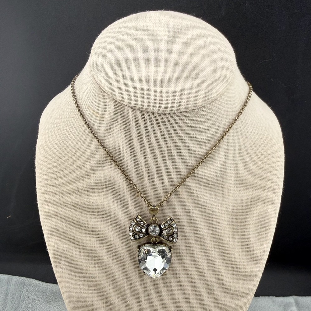 Park Lane Necklace Heart Bow Desiree Gold Tone Rhinestone Signed 17"